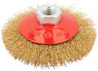 Корщетка-колесо с наклоном, гайка М14, стальная волнистая латунированная проволока 100 мм