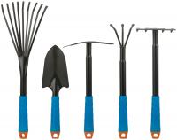 Садово-огородный набор (совок широкий, грабельки ручные, грабельки веерные, рыхлитель, мотыга), синие пластиковые ручки, 5 шт. Садово-огородный набор (совок широкий, грабельки ручные, грабельки веерные, рыхлитель, мотыга), синие пластиковые ручки, 5 шт.