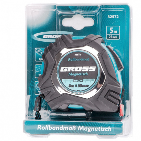 Рулетка Magnetisch 5 м х 25 мм, обрезиненный корпус, автоматическая фиксация, Нейлоновое покрытиеытие, зацеп с магнитом Gross 32572