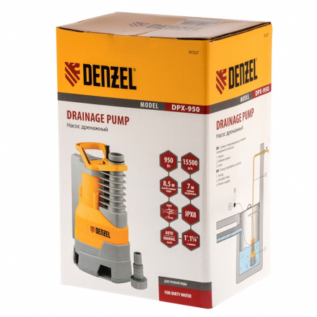 Дренажный насос DPХ950, Х-Pro, 950 Вт, подъем 8.5 м, 15500 л/ч Denzel