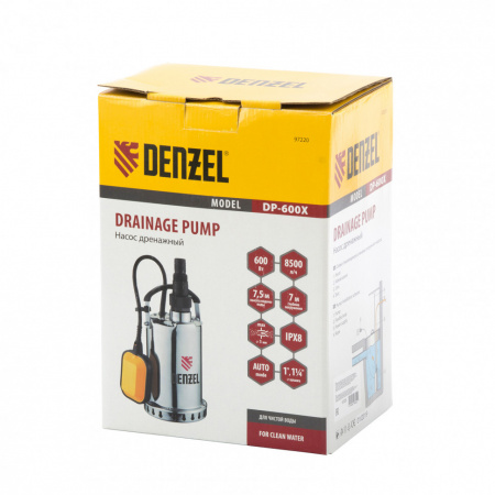 Дренажный насос DP600X, 600 Вт, подъем 7.5 м, 8500 л/ч Denzel